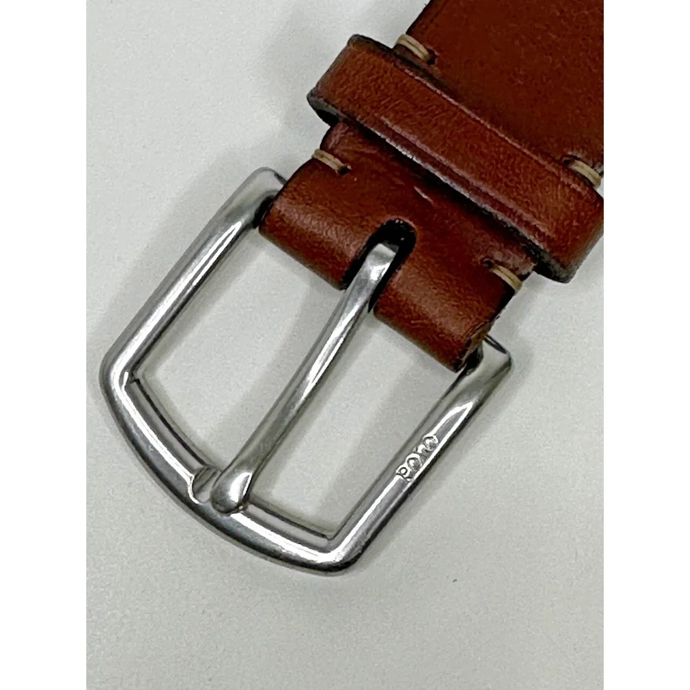 Polo Ralph Lauren Belt Sz 36 Blue White Striped Brown Leather Horse Preppy